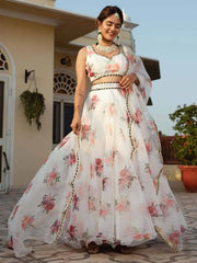 Magnetic White Floral Printed Organza Festival Wear Lehenga Choli