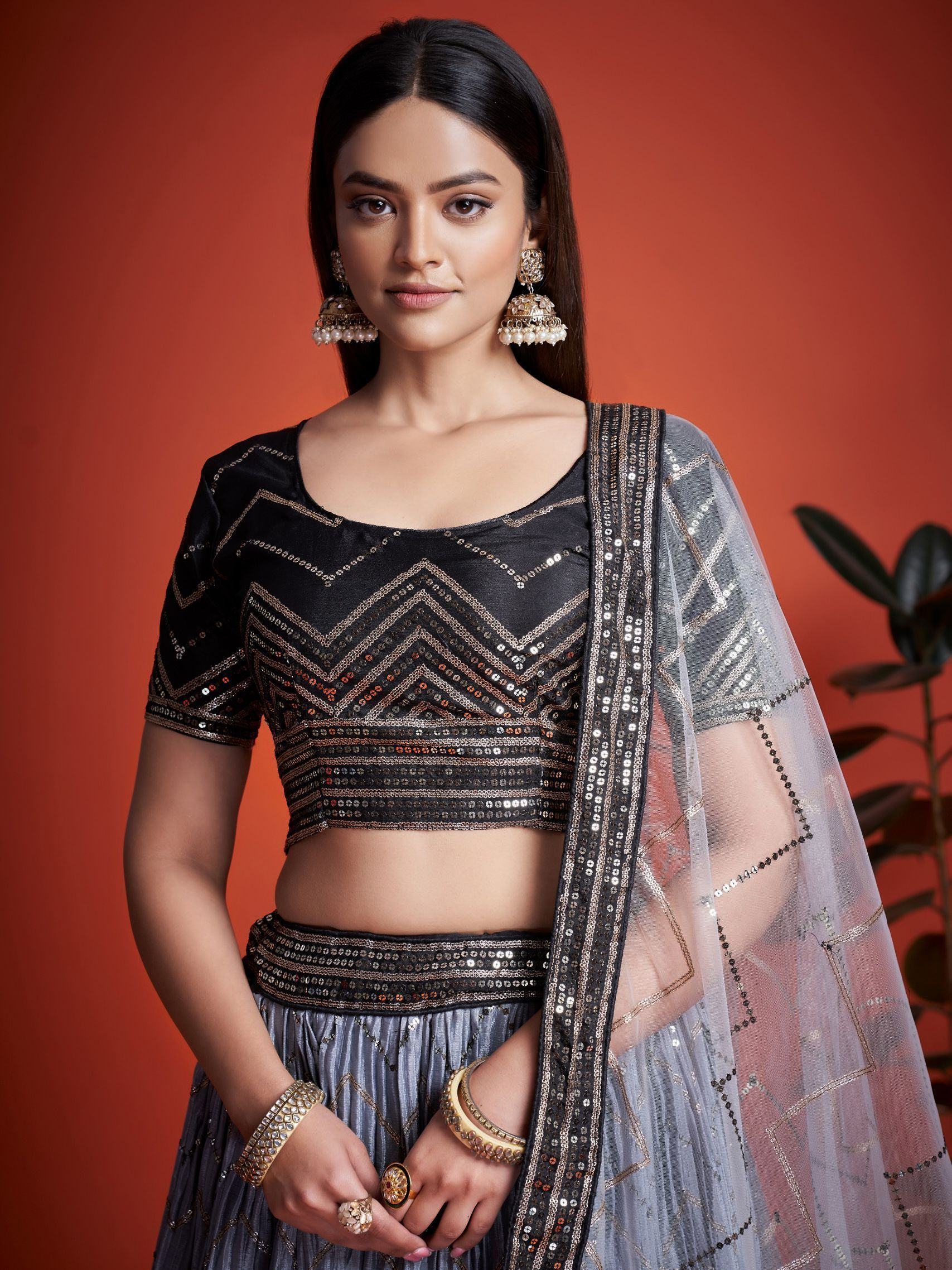 Black and silver sequin lehenga choli with sheer dupatta, ethnic Indian wear for women