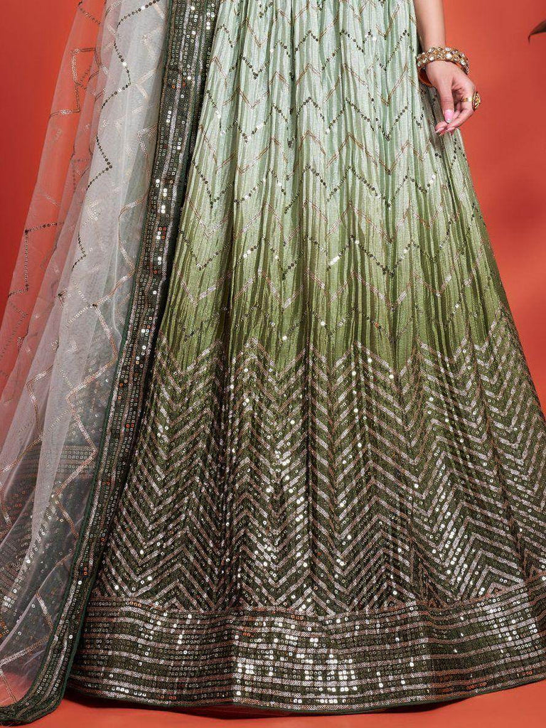 Alluring Green Sequins Chinon Mehendi Wear Lehenga Choli With Dupatta