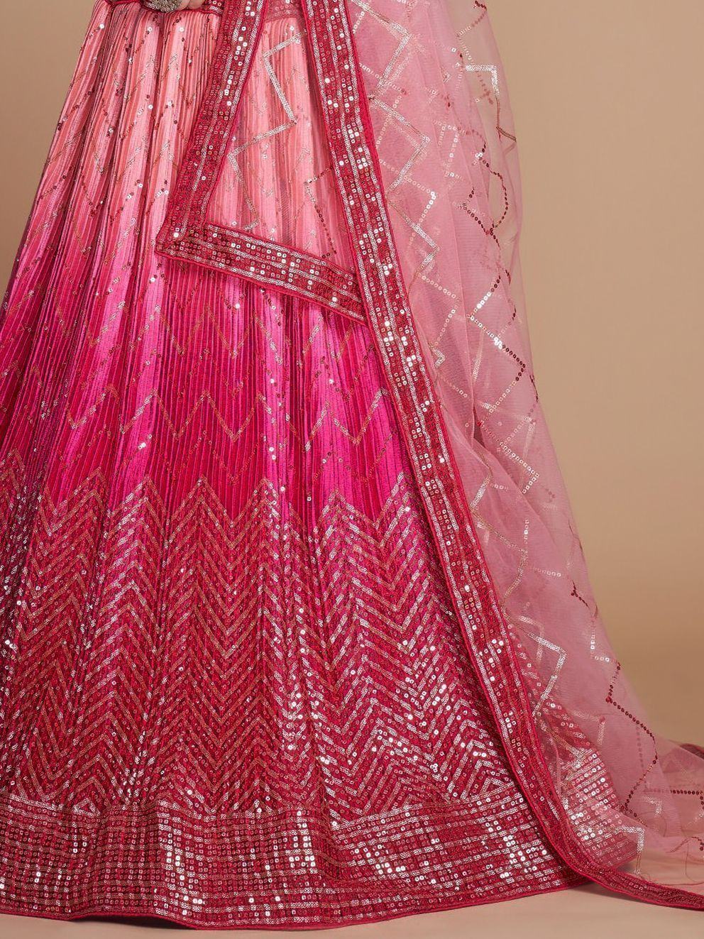 Pink sequin lehenga choli with geometric embroidery and sheer dupatta, Indian ethnic wear