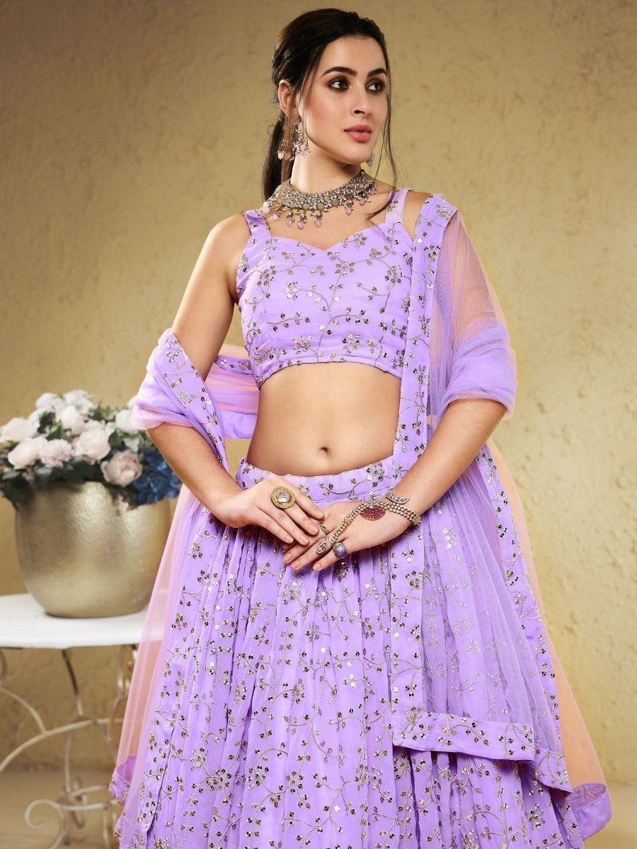 Lavender embroidered lehenga choli with sheer dupatta, perfect for Indian ethnic wear occasions