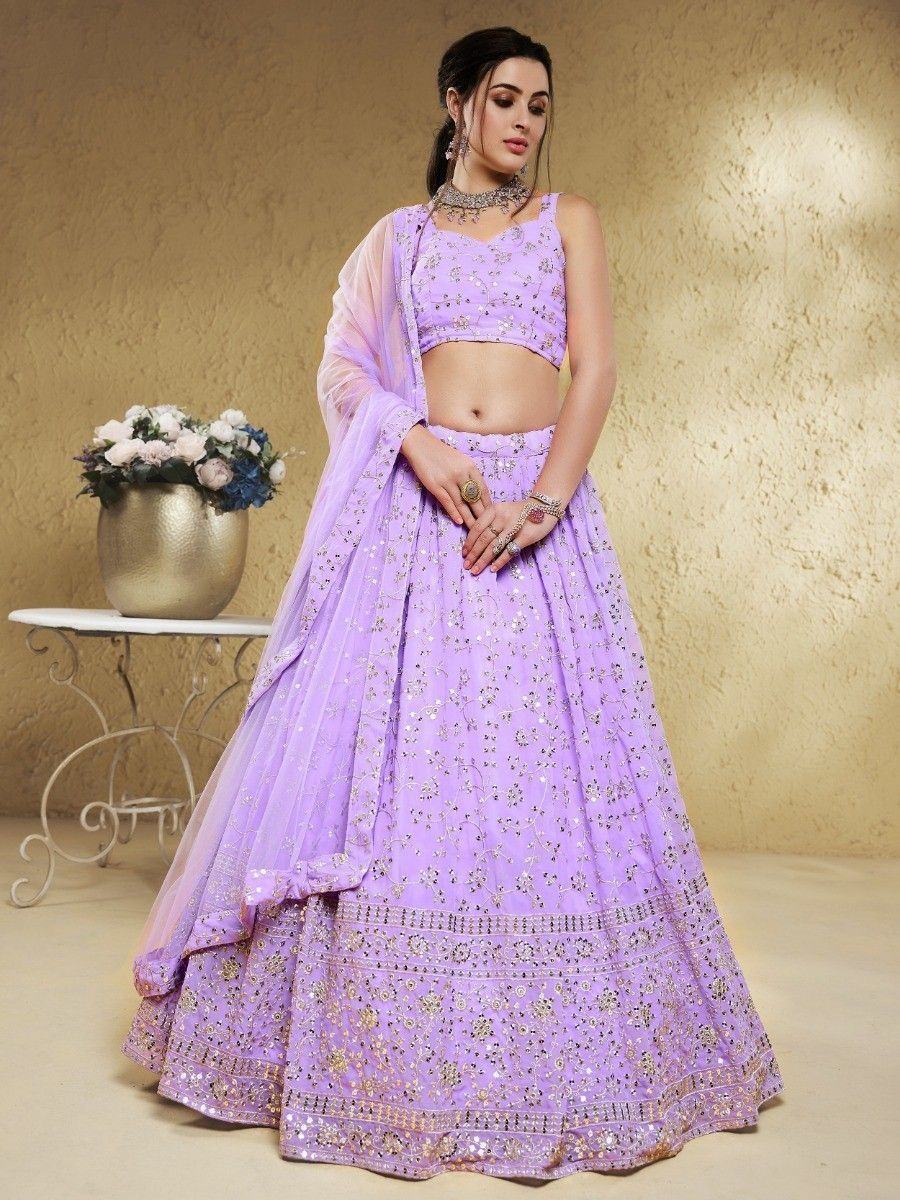 Lavender embroidered lehenga choli with dupatta, perfect for Indian weddings and festive occasions.