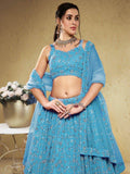 Lovely Sky-Blue Embroidered Georgette Engagement Wear Lehenga Choli