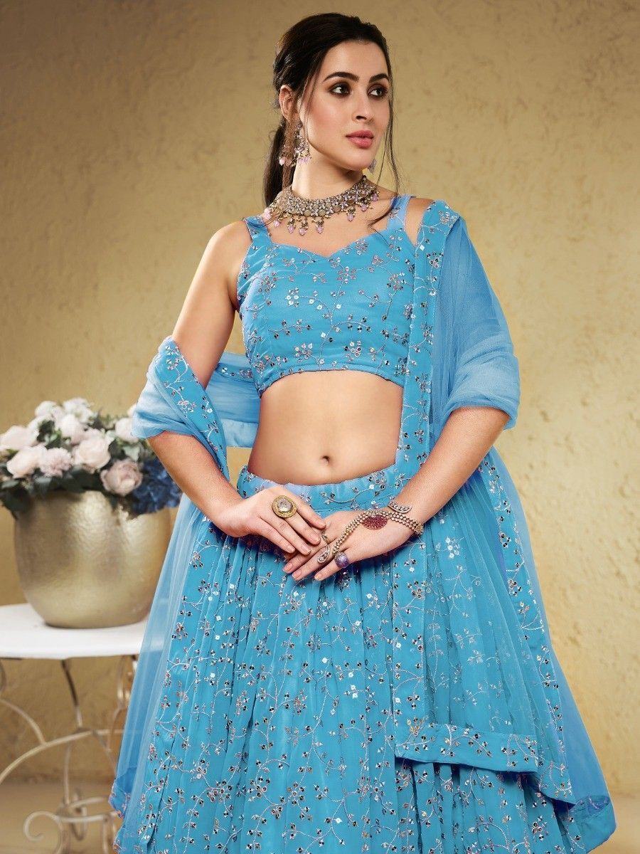 Blue embroidered lehenga choli with floral sequin work, perfect for Indian ethnic occasions