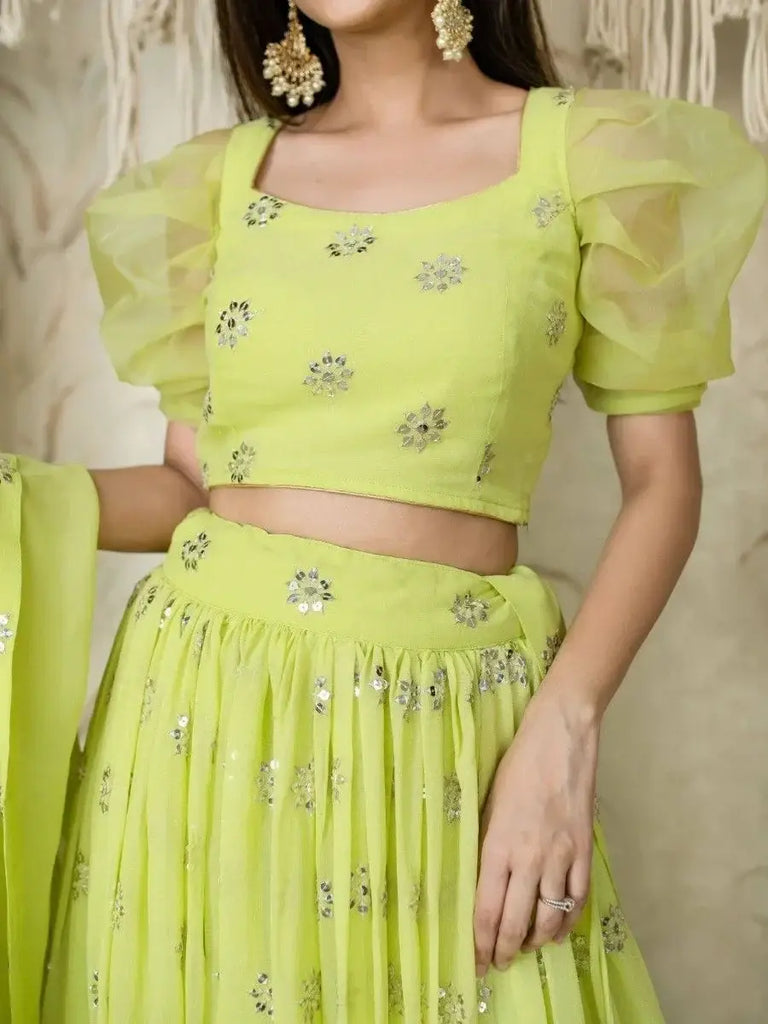 Glamorous Lime Green Sequins Georgette Wedding Wear Lehenga Choli
