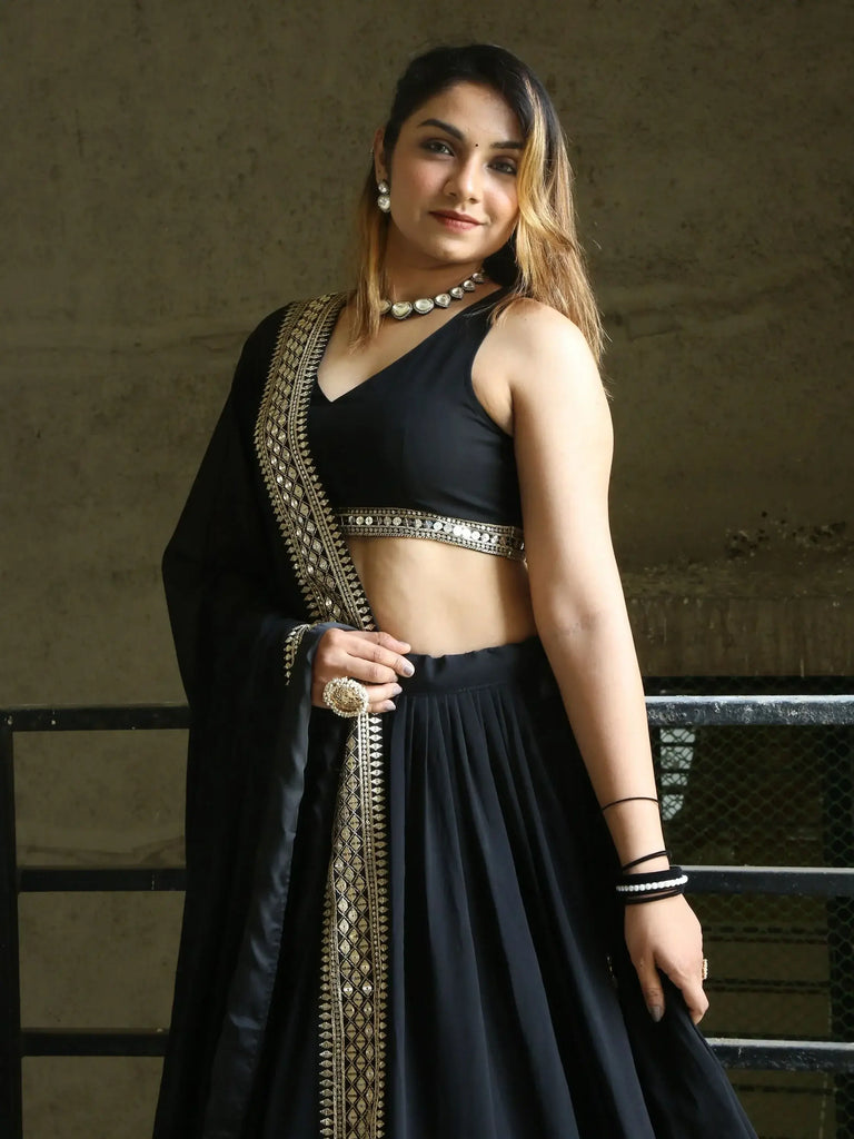 Pretty Black Heavy Lace Work Georgette Reception Wear Lehenga Choli