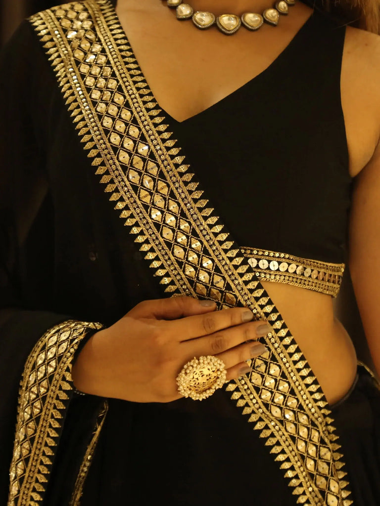 Pretty Black Heavy Lace Work Georgette Reception Wear Lehenga Choli