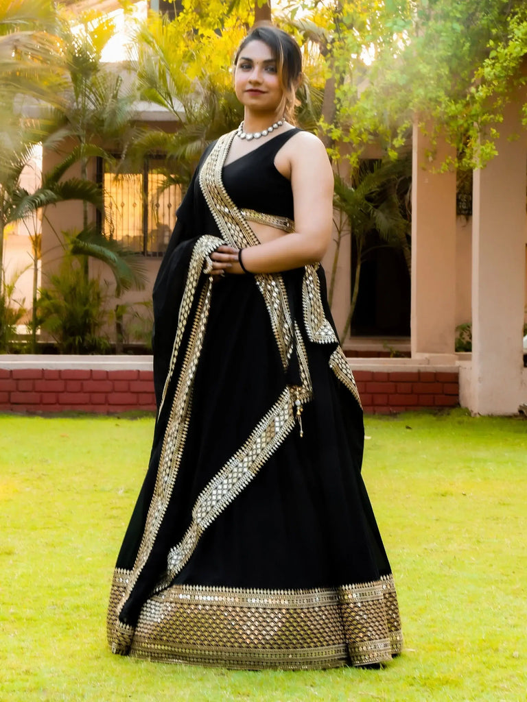 Pretty Black Heavy Lace Work Georgette Reception Wear Lehenga Choli