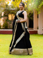 Pretty Black Heavy Lace Work Georgette Reception Wear Lehenga Choli
