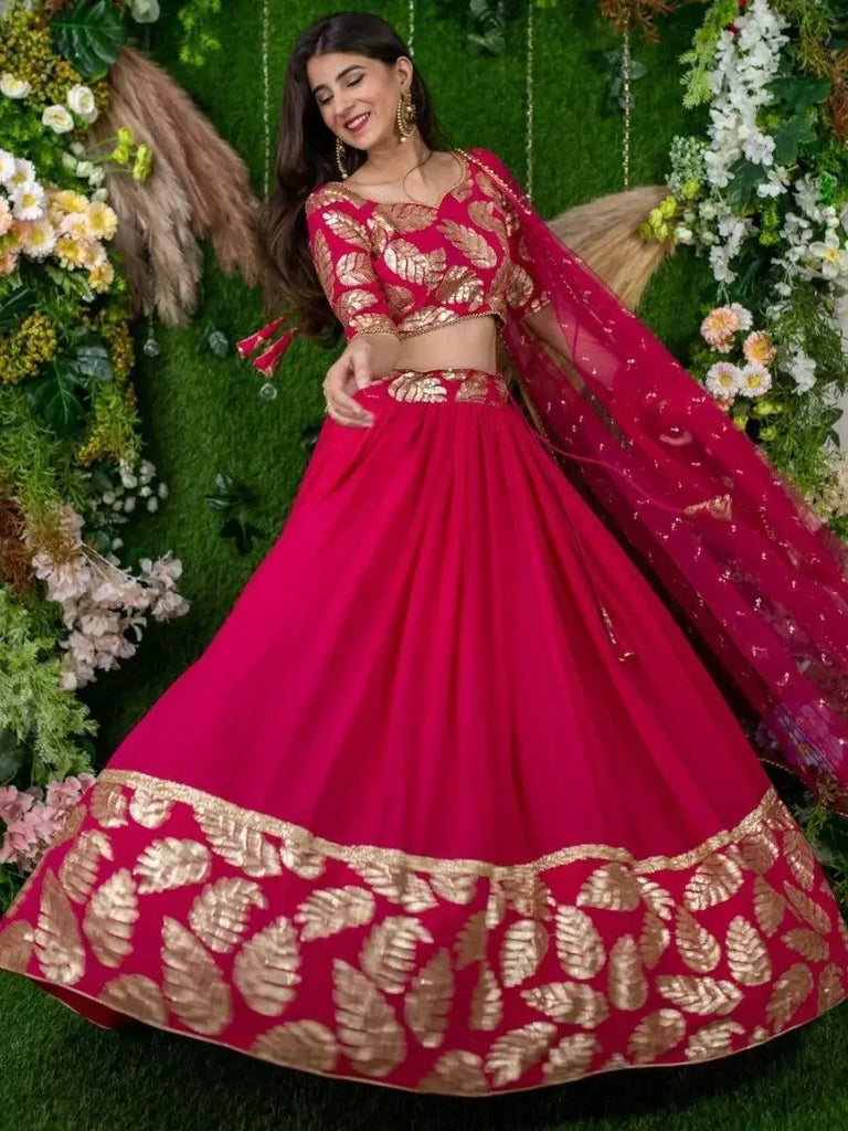 Astonishing Pink Zari Embroidered Georgette Lehenga Choli With Dupatta