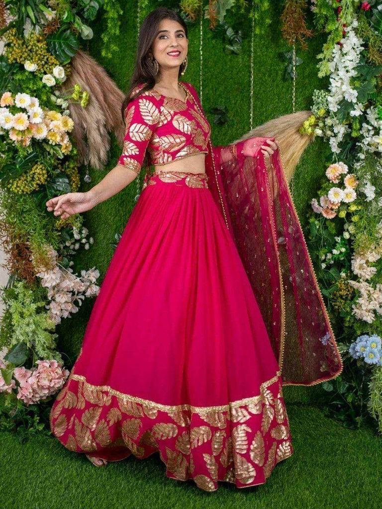 Astonishing Pink Zari Embroidered Georgette Lehenga Choli With Dupatta