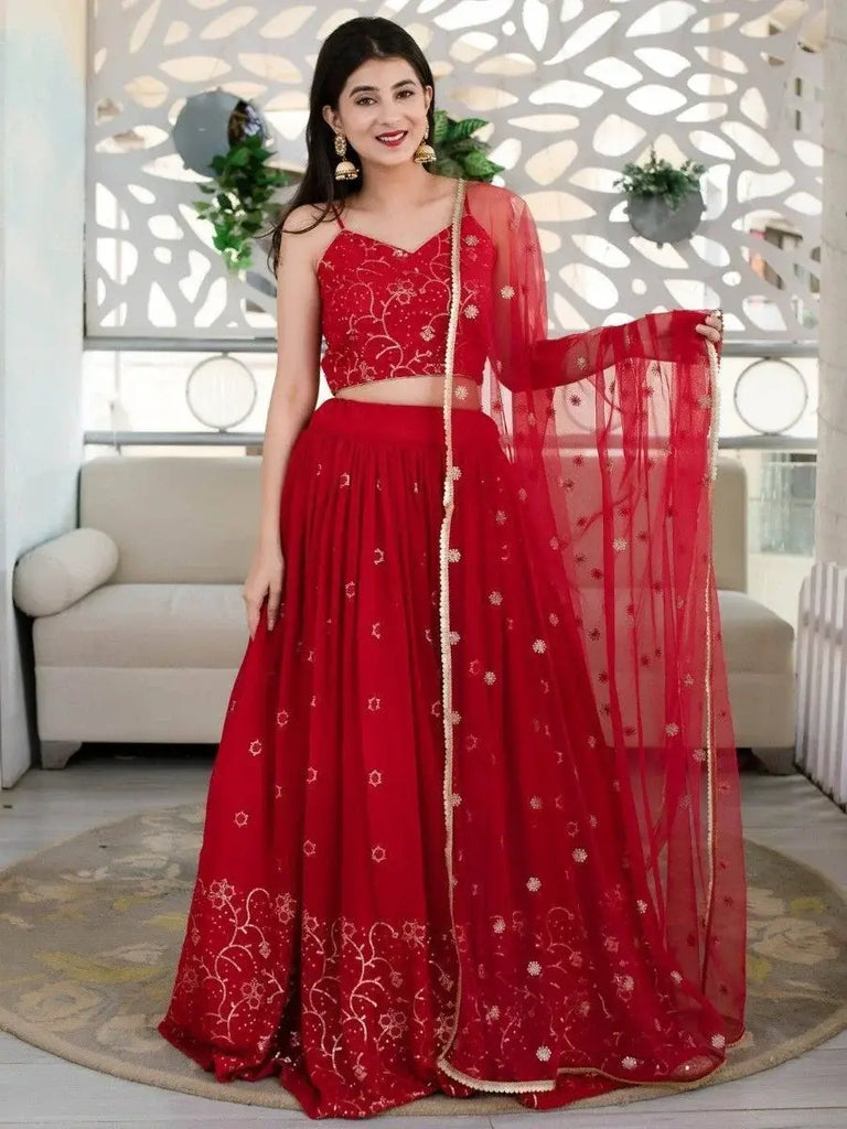 Awesome Red Embroidered Georgette Reception Wear Lehenga Choli