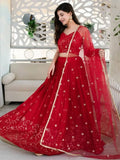 Awesome Red Embroidered Georgette Reception Wear Lehenga Choli