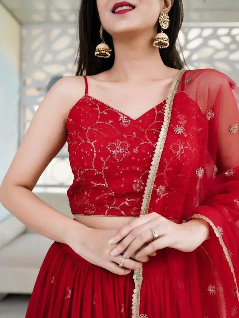 Awesome Red Embroidered Georgette Reception Wear Lehenga Choli