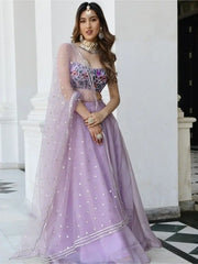 Fabulous Lavender Organza Lehenga With Embroidered Choli