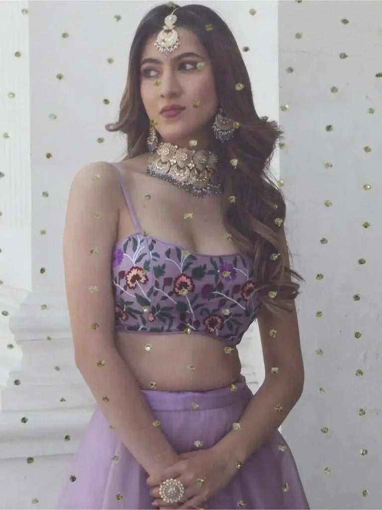 Fabulous Lavender Organza Lehenga With Embroidered Choli