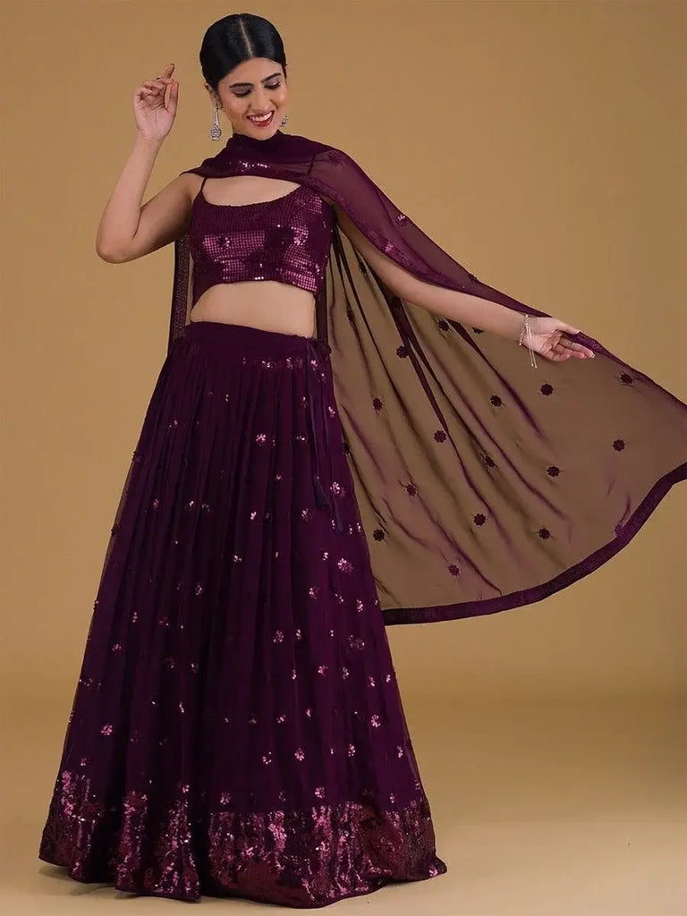 Awesome Purple Sequins Georgette Sangeet Wear Lehenga Choli