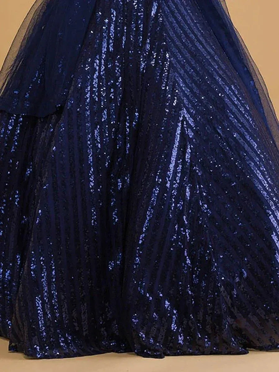Navy blue sequin lehenga skirt with layered tulle, perfect for Indian ethnic wear events.