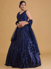 Fabulous Navy Blue Sequins Net Reception Wear Lehenga Choli With Dupatta