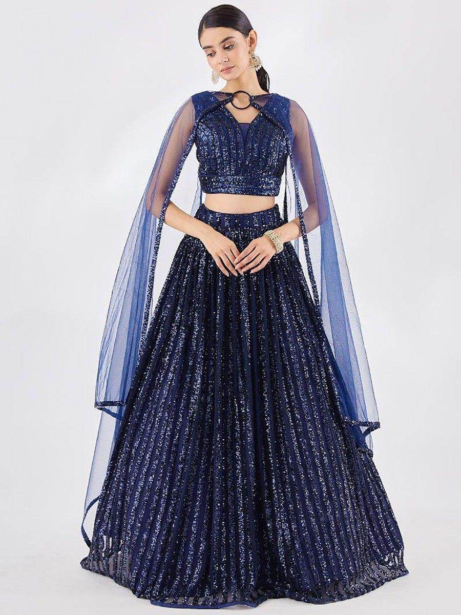Amazing Navy Blue Sequins Net Party Wear Lehenga Choli With Dupatta