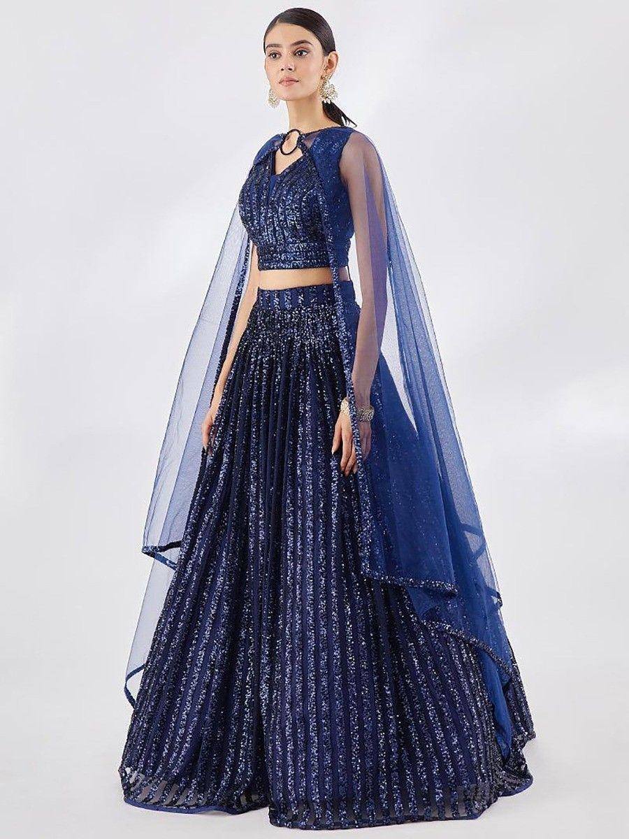 Navy blue sequin lehenga choli with sheer cape, ethnic wear for weddings and parties