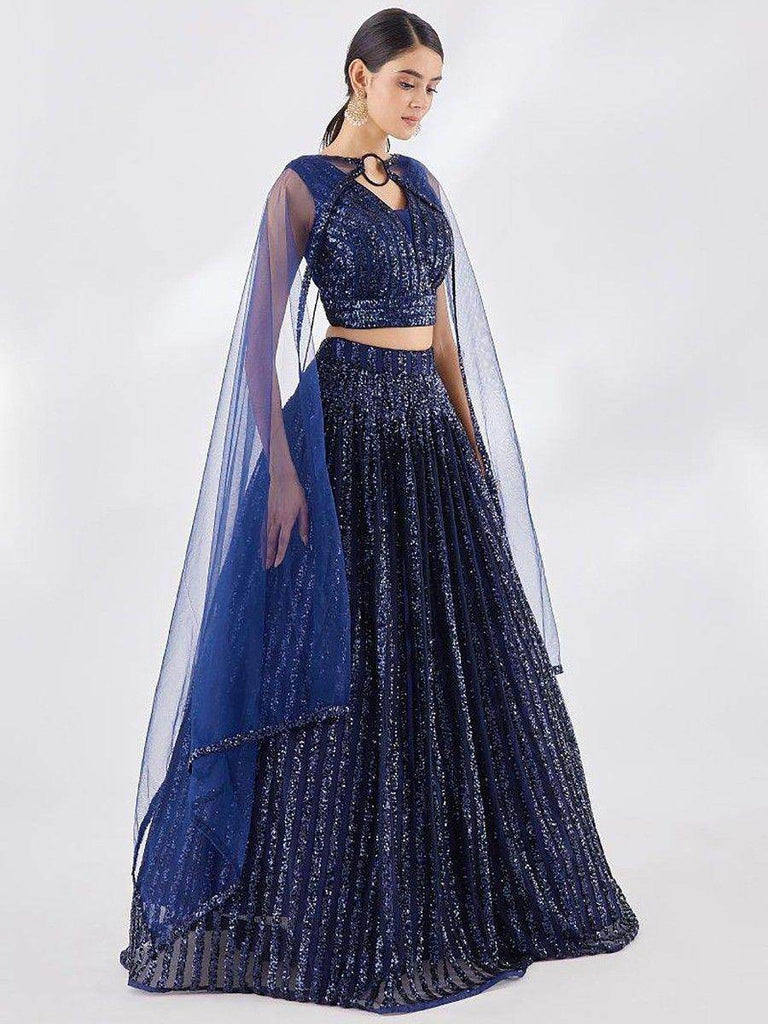 Amazing Navy Blue Sequins Net Party Wear Lehenga Choli With Dupatta