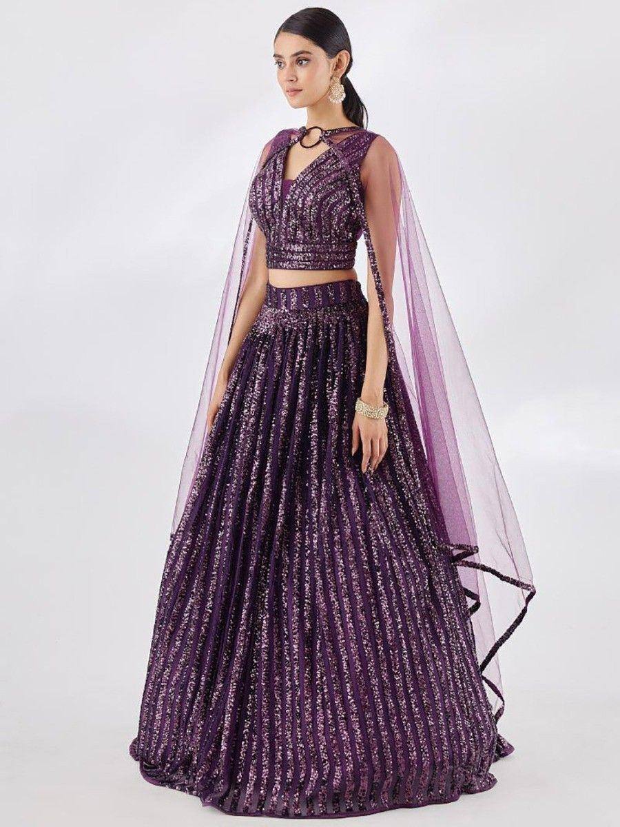 Purple sequin lehenga choli with sheer cape, Indian ethnic wear for weddings and parties