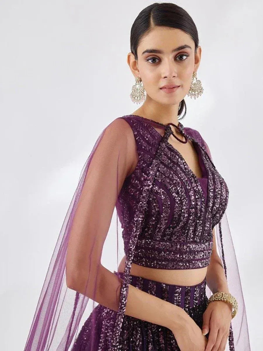 Purple sequin lehenga choli with sheer cape, perfect for Indian ethnic wear and festive occasions