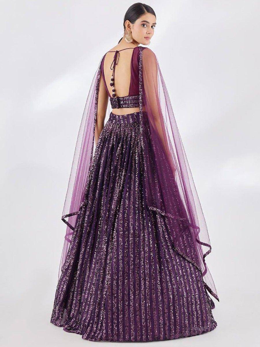 Purple sequin lehenga choli with sheer cape, back view, ethnic Indian wear