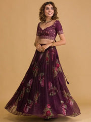Stunning Wine Floral Digital Organza Festival Wear Lehenga Choli