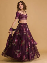 Stunning Wine Floral Digital Organza Festival Wear Lehenga Choli