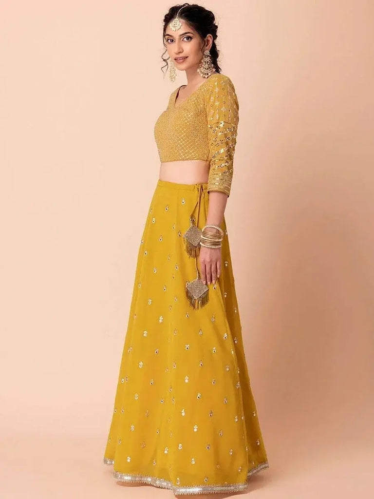 Attractive Yellow Sequins Georgette Haldi Wear Lehenga Choli