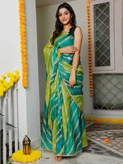 Charming Blue & Green Leheriya Printed Cotton Function Wear Saree