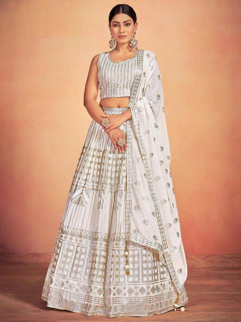 Gorgeous White Sequins Georgette Wedding Lehenga Choli With Dupatta