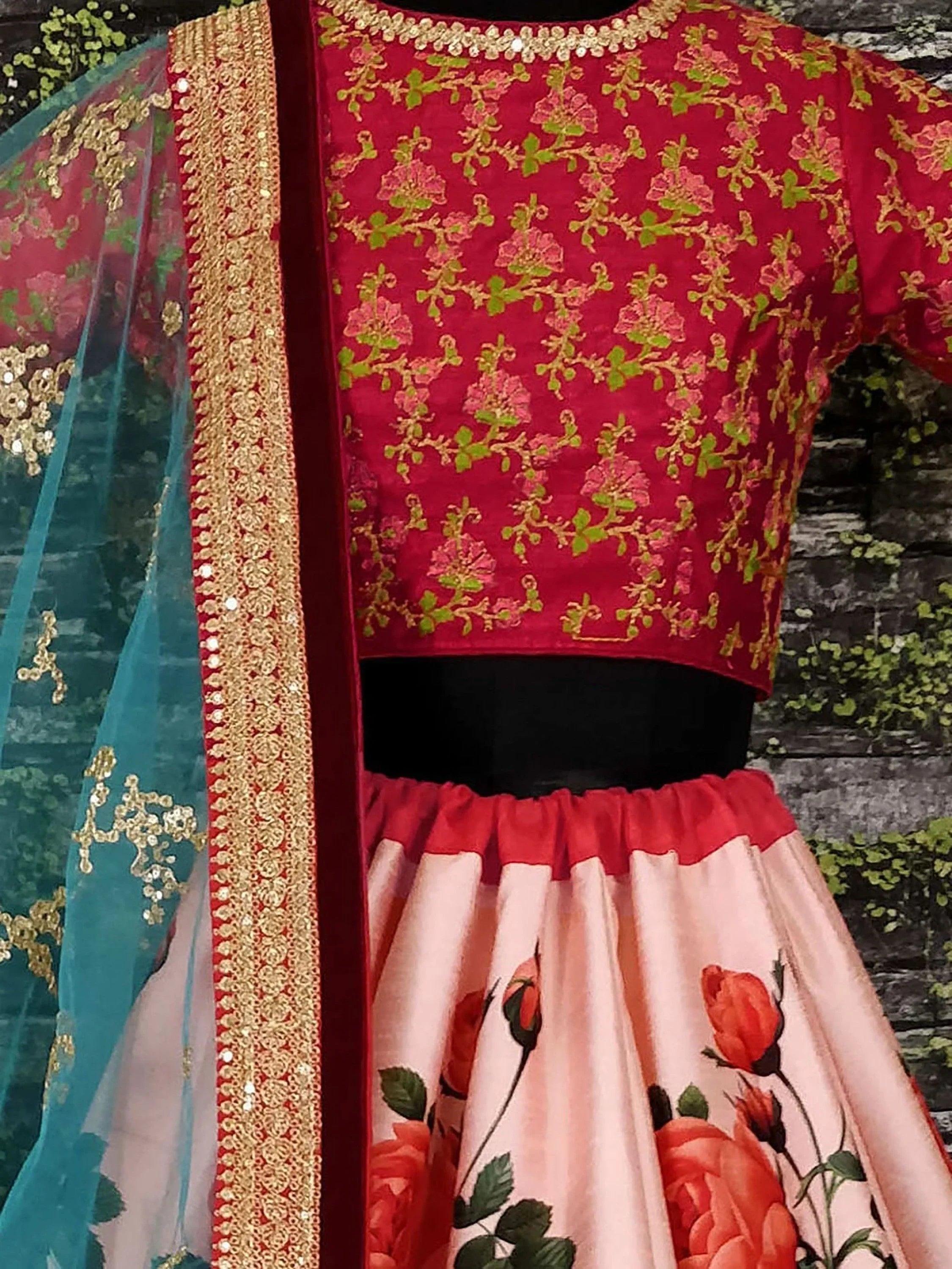 Red floral embroidered lehenga choli with gold detailing and teal dupatta, Indian ethnic wear
