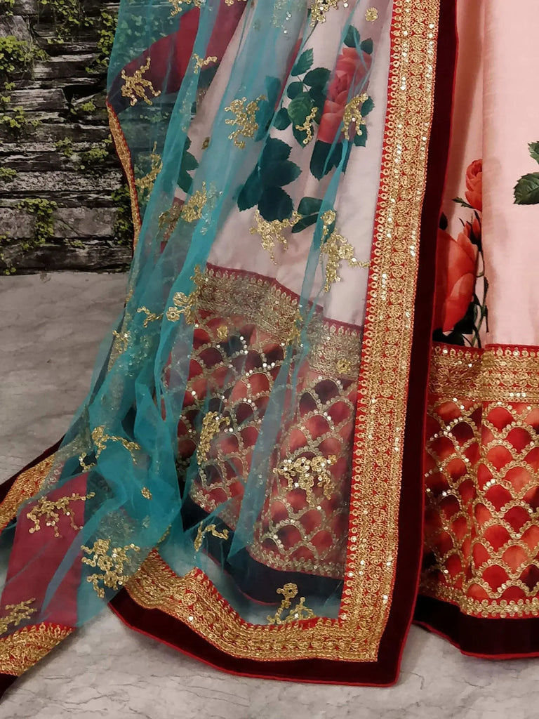 Sabyasachi Pink Rose Digital Floral Print Silk Lehenga Choli