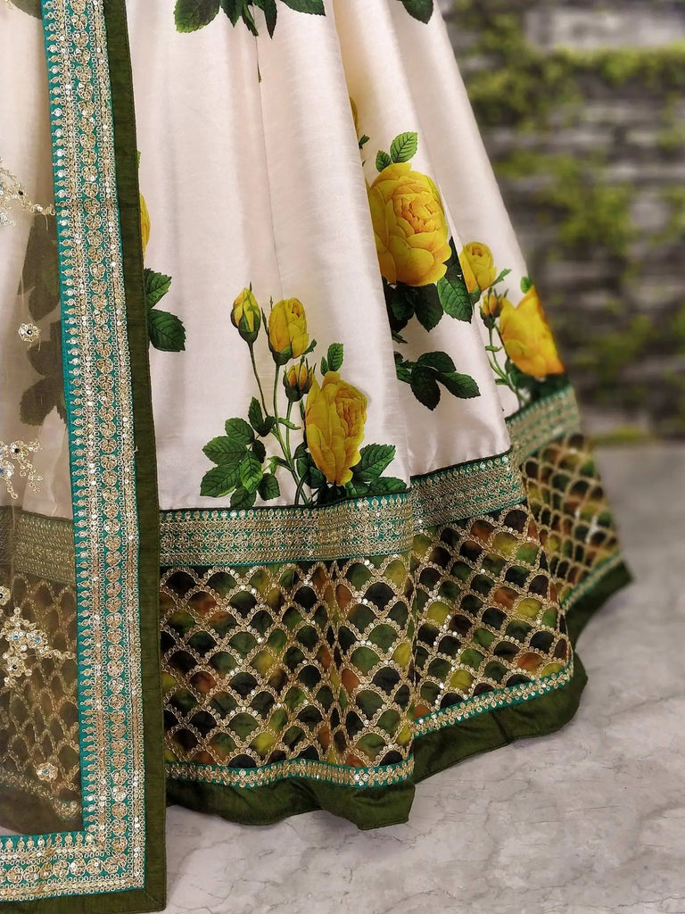 Off White-Yellow Rose Floral Print Silk Lehenga Choli