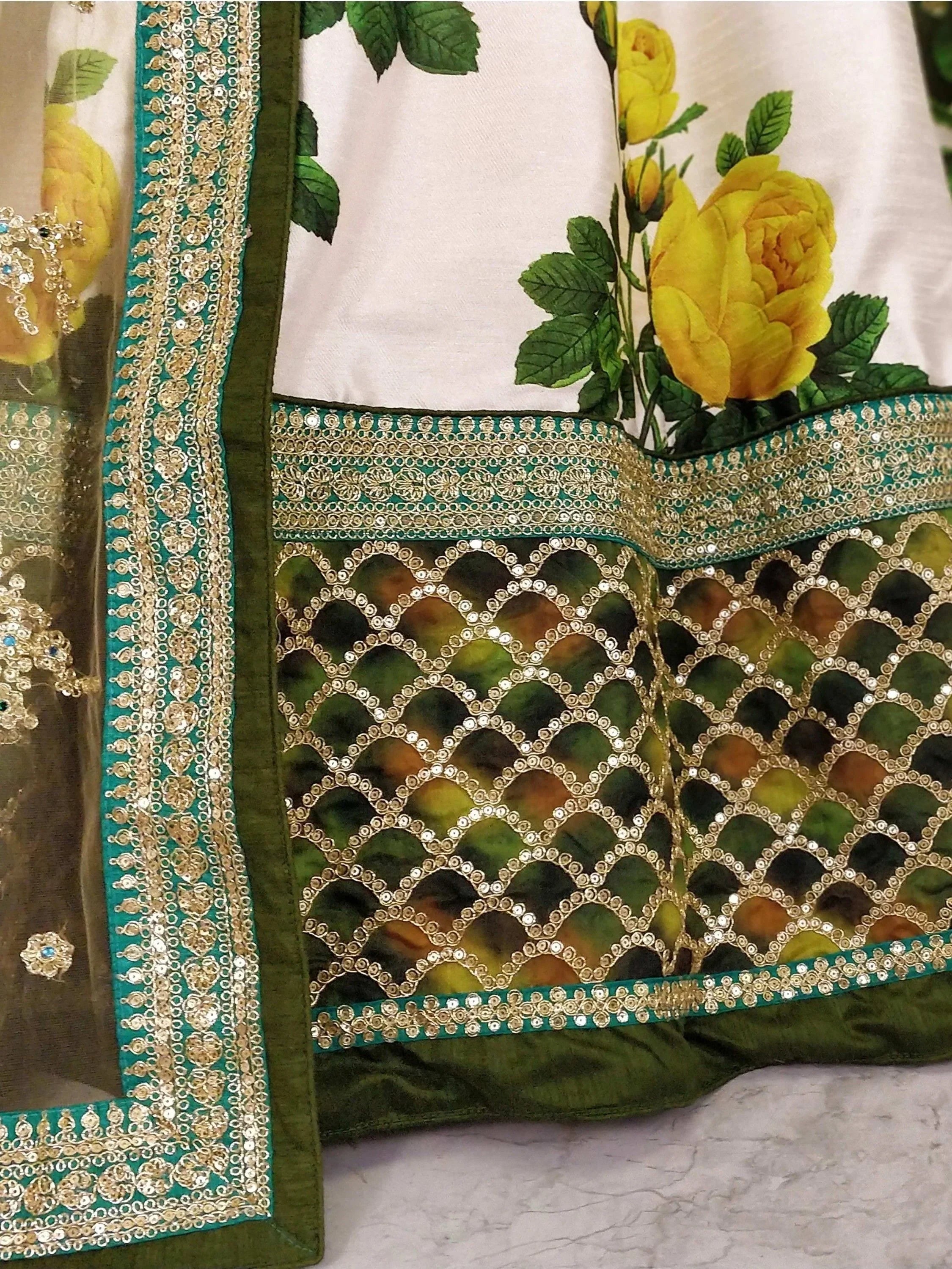 White floral lehenga with green border, gold sequin embroidery, and yellow rose print for Indian ethnic wear