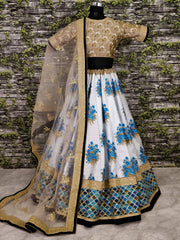 Off-White Flower Print Silk Wedding Lehenga Choli