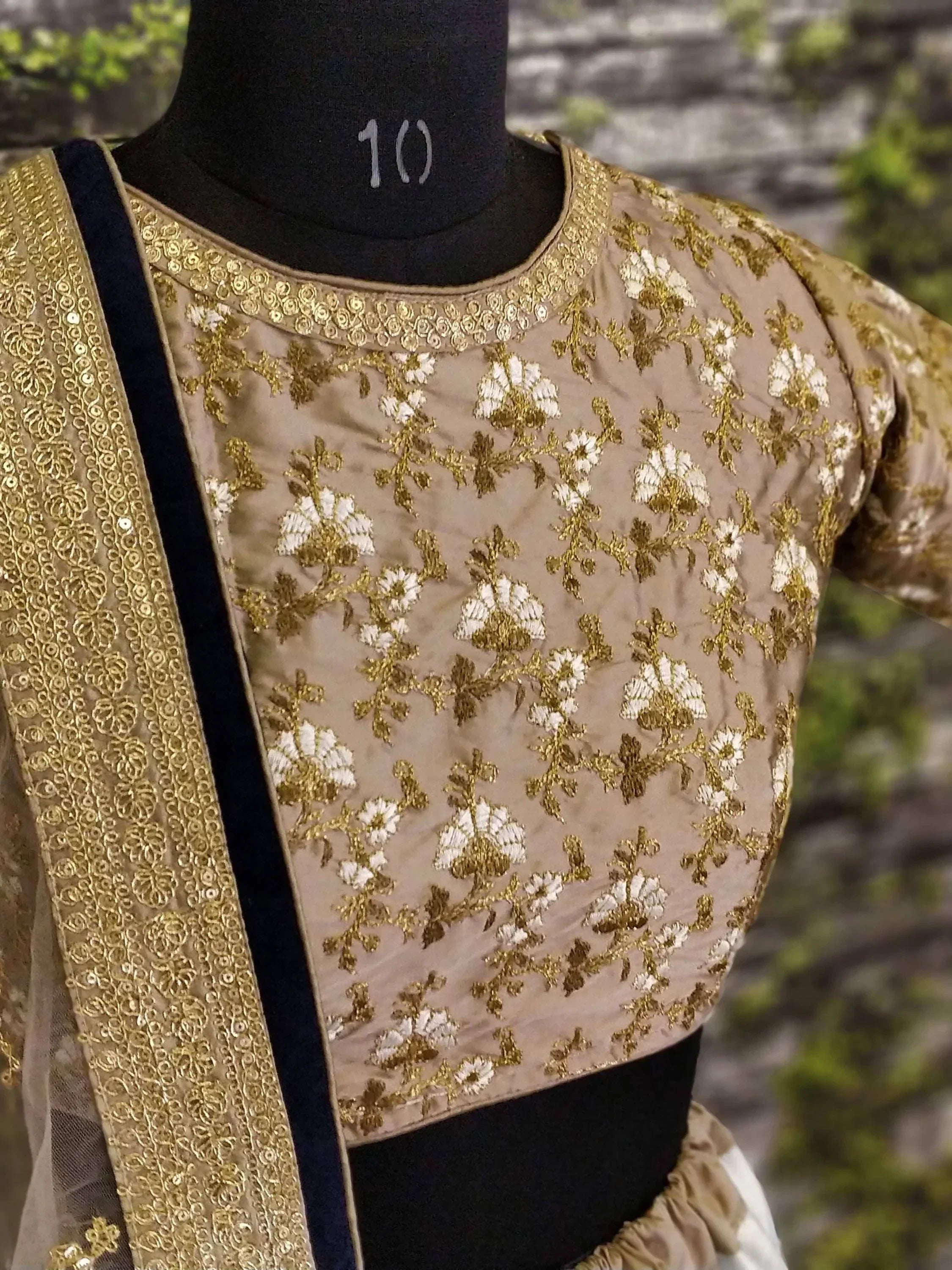 Beige and gold floral embroidered Indian ethnic blouse with velvet trim, displayed on mannequin