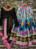 Beautiful Blue Floral Printed Silk Wedding Lehenga Choli with Dupatta