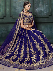 Navy Blue Applique Embroidery Silk Wedding Lehenga Choli