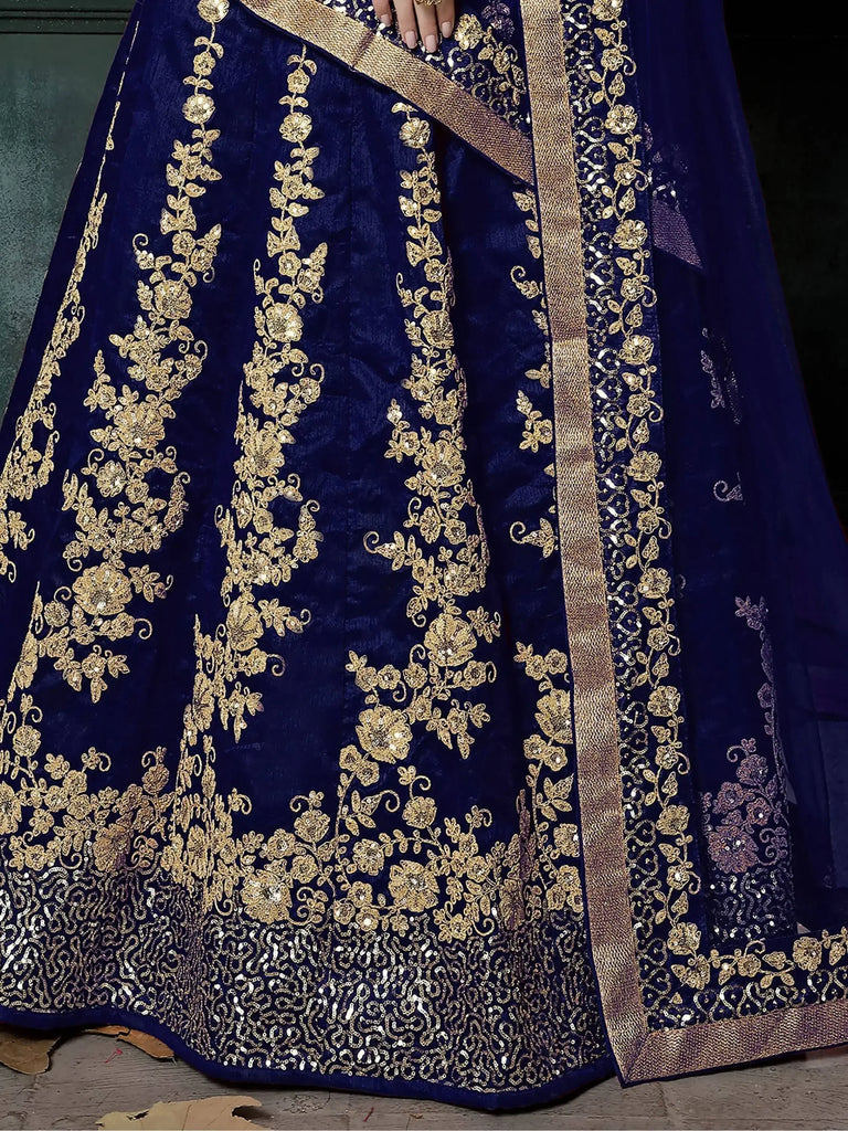 Navy Blue Applique Embroidery Silk Wedding Lehenga Choli
