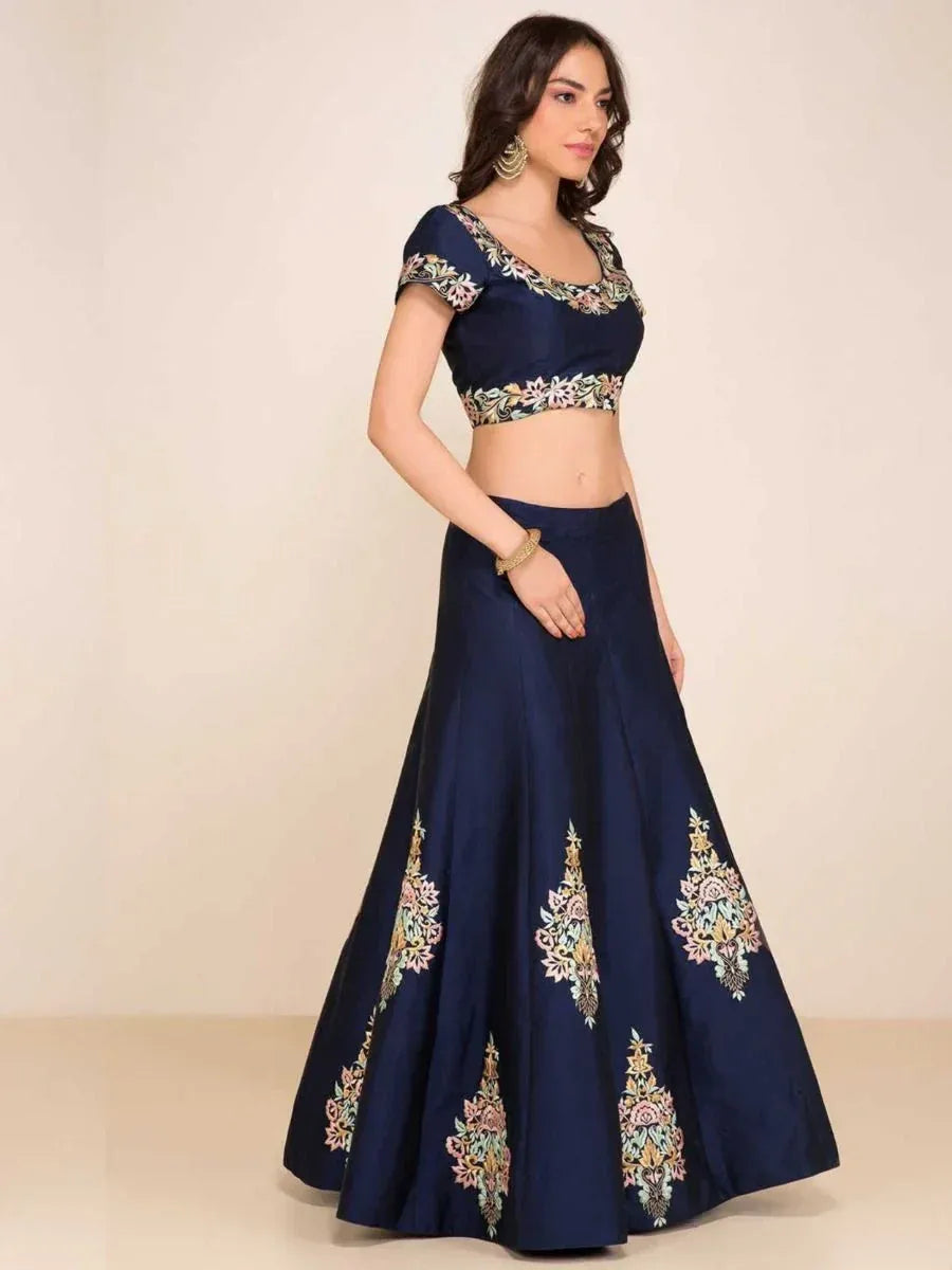 Navy blue embroidered lehenga choli with floral motifs, perfect for Indian ethnic wear occasions