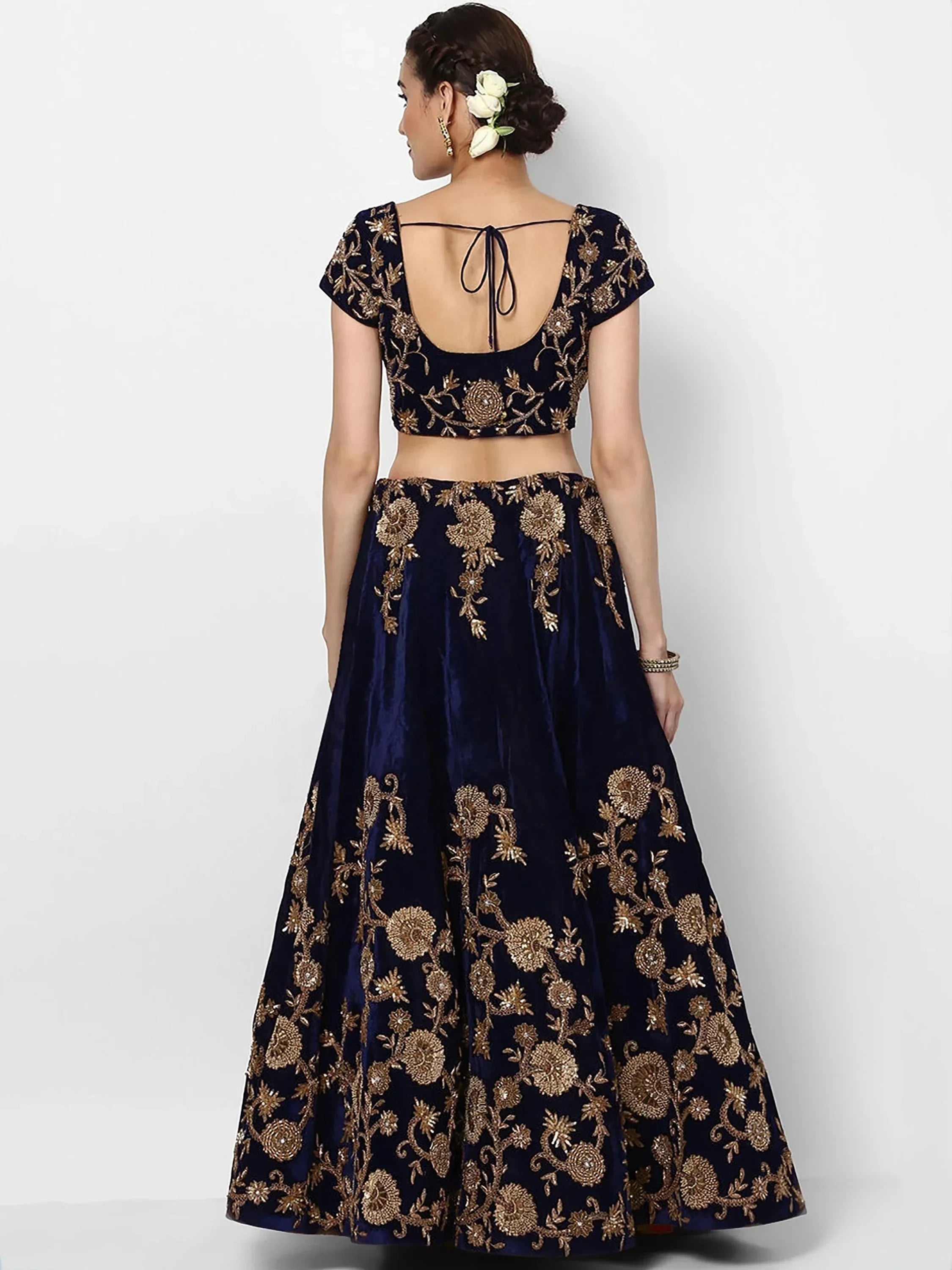 Navy Blue Embroidered Velvet Bridal Lehenga Choli With Sky Blue Dupatta