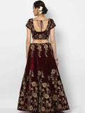 Maroon Embroidered Velvet Bridal Lehenga Choli With Light Peach Dupatta