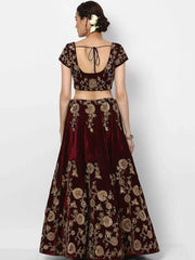 Maroon Embroidered Velvet Bridal Lehenga Choli With Light Peach Dupatta