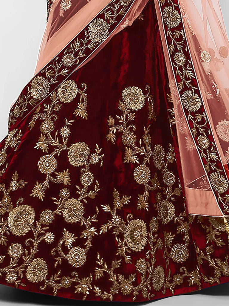 Maroon Embroidered Velvet Bridal Lehenga Choli With Light Peach Dupatta