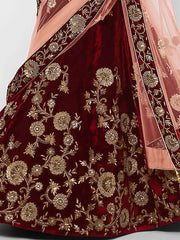 Maroon Embroidered Velvet Bridal Lehenga Choli With Light Peach Dupatta