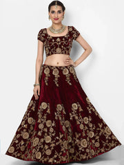 Maroon Embroidered Velvet Bridal Lehenga Choli With Light Peach Dupatta